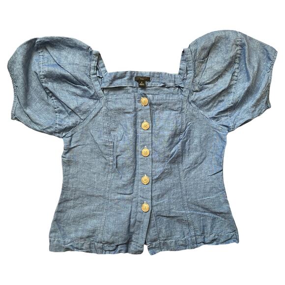 ANNE TAYLOR Petite Blue Chambray Puff Sleeve Top, SP - Picture 1 of 5